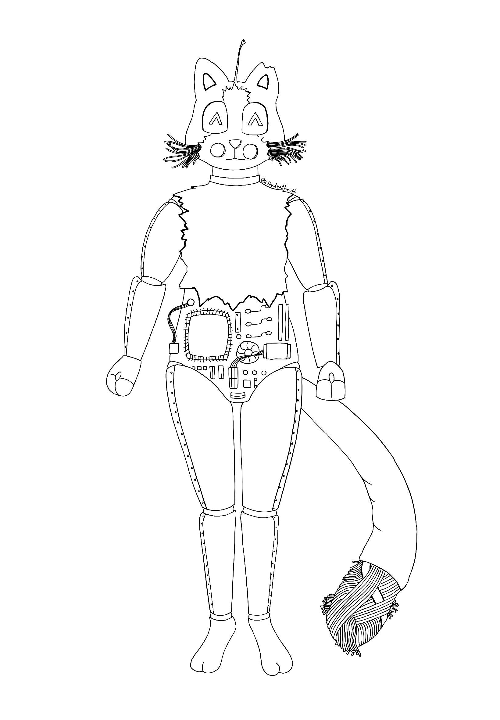A digital line drawing of an anthropomorphized robot cat. Its casing is ripped and frayed wires are coming out of its face and backside like whiskers and a tail. Its motherboard and internal components are visible in its abdominal area. It has computer mice for paws. It has an antenna coming out of its head.